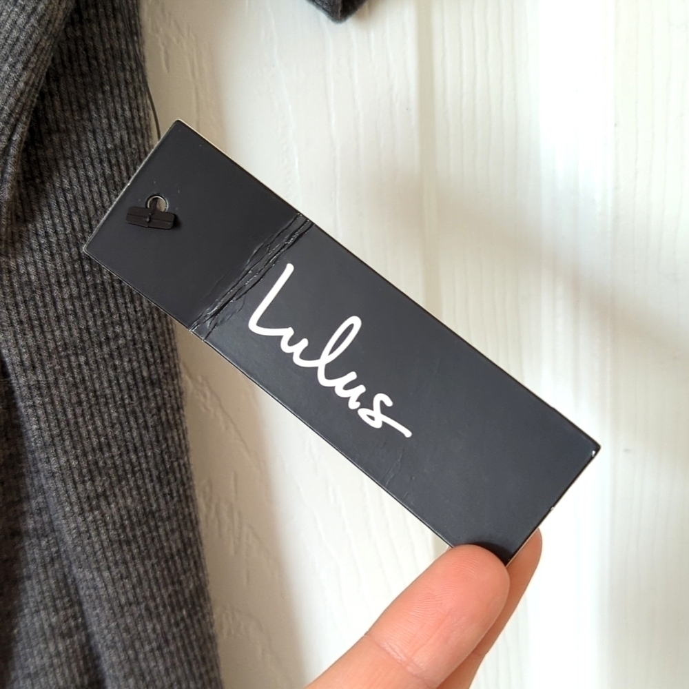 Lulus Live In Love Ribbed Knit V-neck Tie Knot Front Mini T-shirt Dress Gray M - Picture 6 of 13